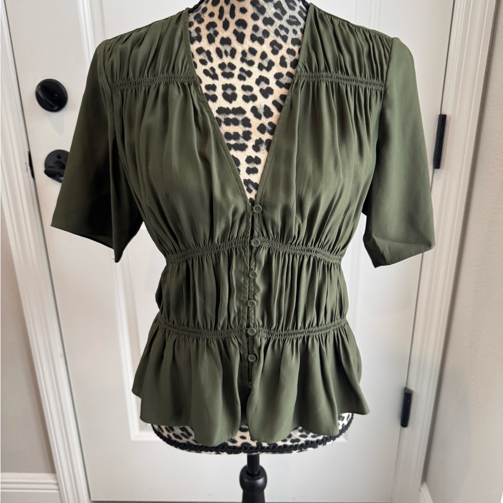 Frame Olive Green Button-Up Women's Top Size Medium 100% Silk